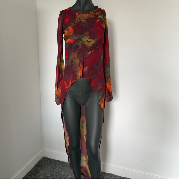 See You Monday LA Sheer Long Sleeve Hi-Low Mesh Top | Fire Print | Size S - Picture 2 of 6